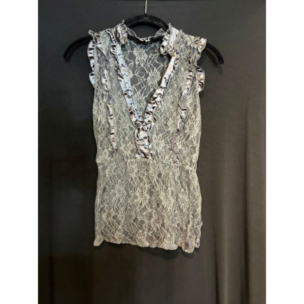 Women's Gray Papertree Sheer Floral Sleeveless V Neck Blouse Size S